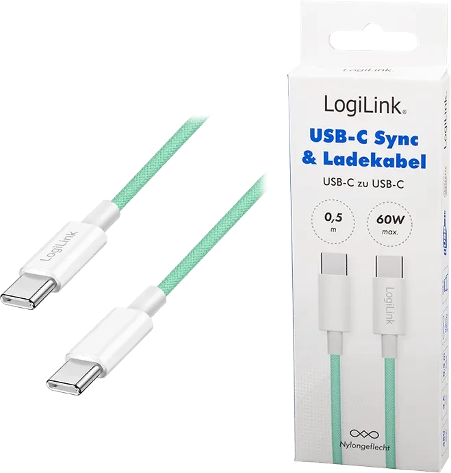 LogiLink USB-C Kabel, USB 2.0, 480Mb/s, 60W PD, USB-C Stecker auf USB-C Stecker, Nylon, grün, 1.5m