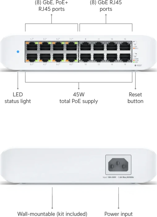 Ubiquiti UniFiSwitch Lite 16 Desktop Gigabit Managed Switch, 16x RJ-45, 45W PoE+