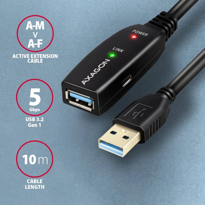 Axagon USB-A Verlängerung, USB 3.0, 5Gb/s, USB-A 3.0 [Stecker] auf USB-A 3.0 [Buchse], aktiv, Verlängerungskabel A/A, 10m