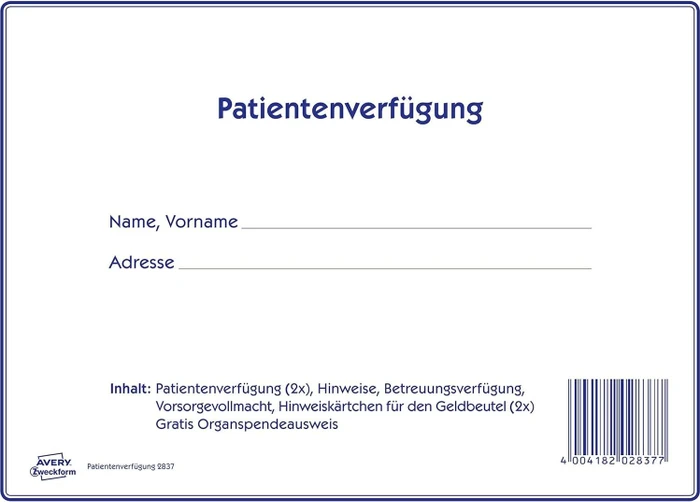 Avery-Zweckform Patientenverfügung Vordruckset, 220x163mm, Karton-Cover, 3 Blatt