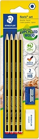 Staedtler Noris 120 Bleistift HB graphit, schwarz/gelb, Radierer, Anspitzer, 4er-Pack