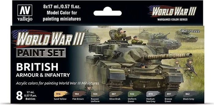 Vallejo Model Color World War III Wargames Color Series British Armour & Infantry Farbset, 8-tlg.