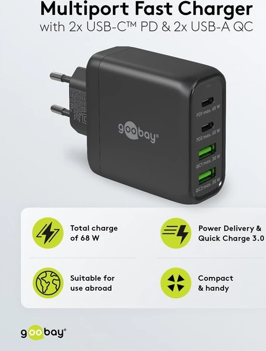 goobay 4-Port GaN Netzteil, USB-C/USB-A, 2x USB-C + 2x USB-A, 68W, schwarz