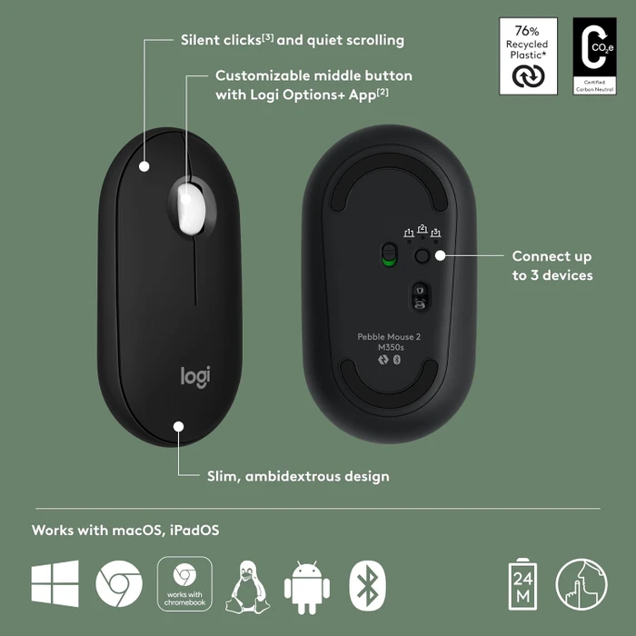 Logitech M350s Pebble Mouse 2 schwarz, Logi Bolt, USB/Bluetooth