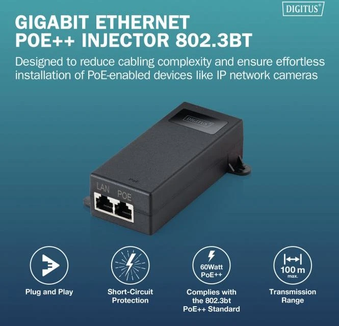 Digitus Wallmount Gigabit PoE-Injektor, 2x RJ-45, 60W PoE++
