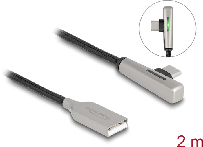 DeLOCK Adapterkabel, USB 2.0, 480Mb/s, 60W QC 3.0, USB-C [Stecker] auf USB-A [Buchse], gewinkelt, schwarz, 2m