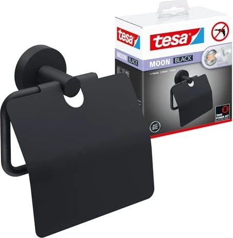 tesa Moon Black Toilettenpapierhalter mit Deckel inkl. Klebelösung schwarz matt