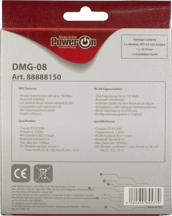 Inter-Tech PowerOn DMG-08, 2.4GHz WLAN, Bluetooth 4.0, USB-A 2.0
