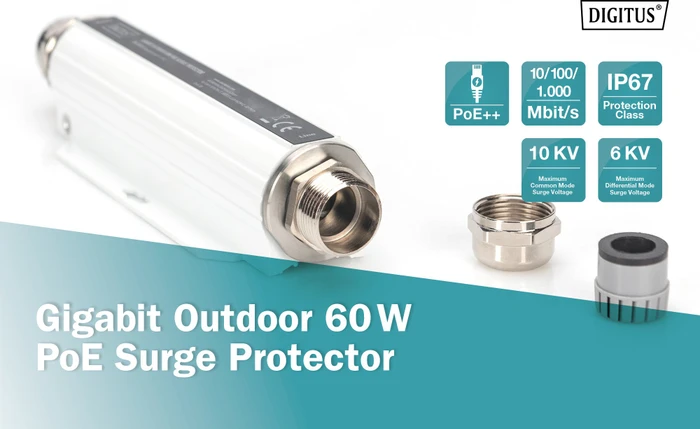 Digitus RJ-45 Überspannungsschutz, PoE Surge Protector, 60W, Outdoor
