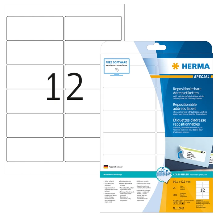Herma Adressetiketten, 99.1x42.3mm, ablösbar, weiß, matt, 25 Blatt (300 Etiketten)