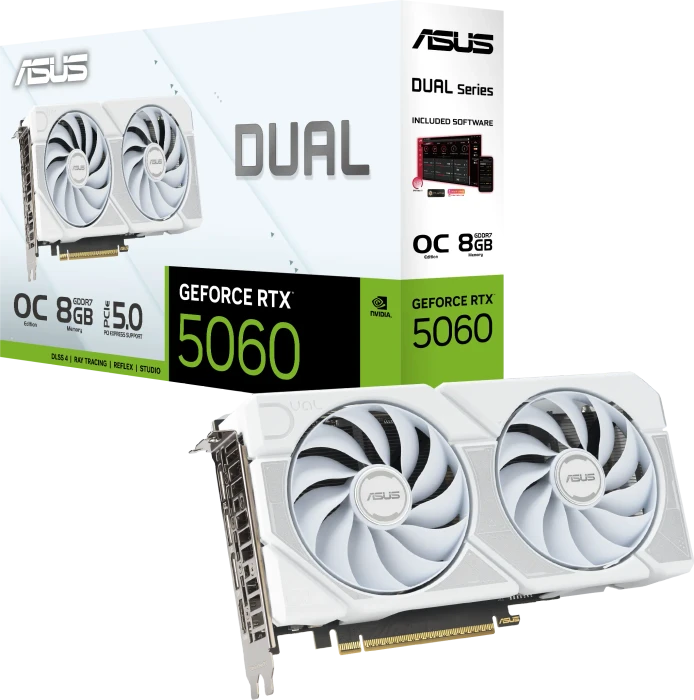 ASUS Dual GeForce RTX 5060 White OC Edition, DUAL-RTX5060-O8G-WHITE, 8GB GDDR7, HDMI, 3x DP