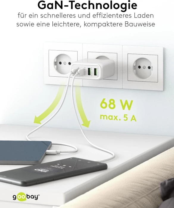 goobay 4-Port GaN Netzteil, USB-C/USB-A, 2x USB-C + 2x USB-A, 68W, weiß