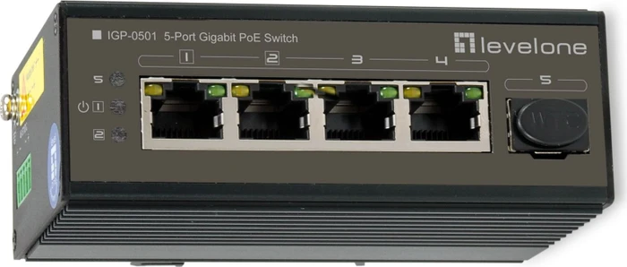 LevelOne IGP-05 Industrial Railmount Gigabit Switch, 4x RJ-45, 1x SFP, 240W PoE++