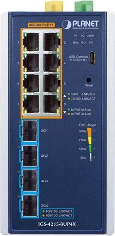 Planet IGS-4215 Industrial Railmount Gigabit Managed Switch, 8x RJ-45, 4x SFP+, 360W PoE++