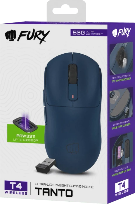 Natec Fury Tanto T4 Wireless Ultra-Lightweight Gaming Mouse Navy Blue, USB/Bluetooth