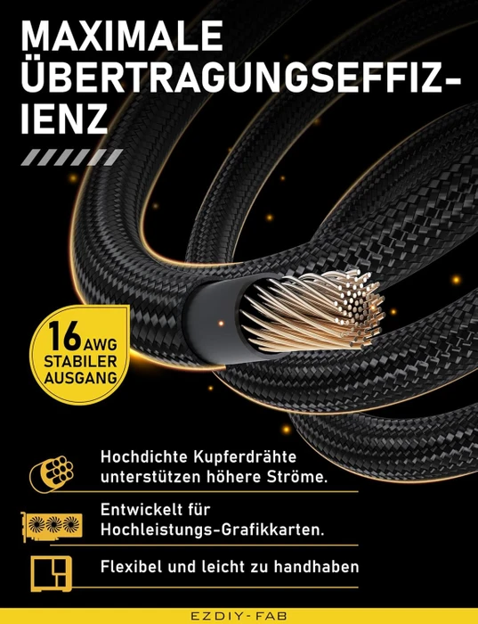 EZDIY-FAB 12V-2x6 Kabel, Shield, 16-Pin PCIe Verlängerungskabel, 1x 16-Pin PCIe 5.1 Buchse auf 16-Pin PCIe 5.1 Stecker, Variante Standard, Sense-Pins an der Unterseite, 16AWG, schwarz, 90° gewinkelt