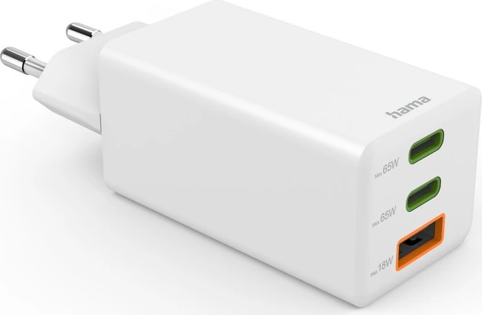 Hama Schnellladegerät GaN 2x USB-C 1x USB-A Mini-Ladegerät PD 65W weiß