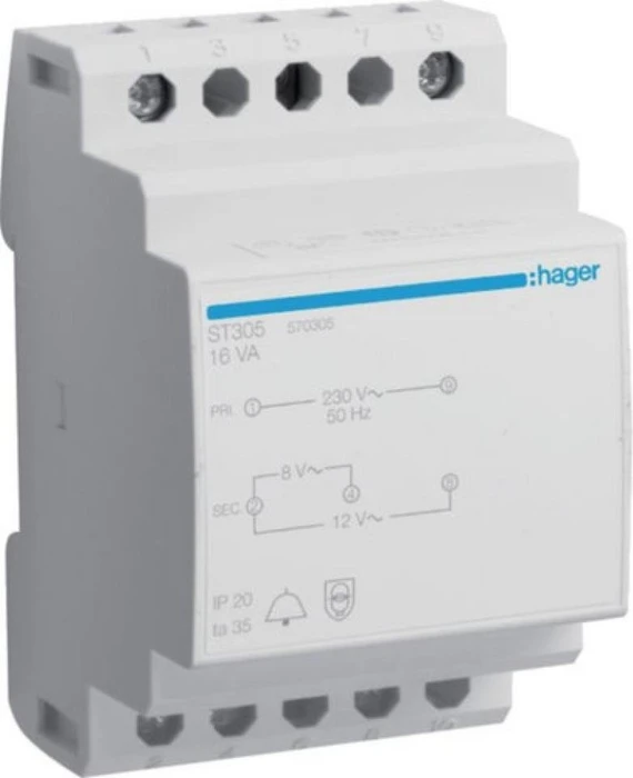 Hager Klingeltrafo 230V / 8V und 12V 16VA 3PLE
