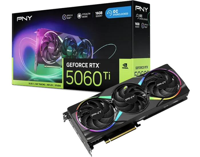 PNY GeForce RTX 5060 Ti Epic-X RGB Overclocked Triple Fan, 16GB GDDR7, HDMI, 3x DP