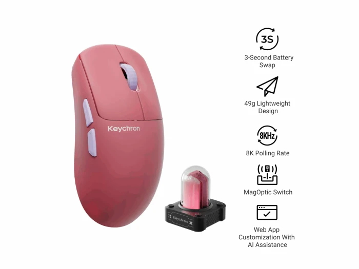 Keychron G6 HE 8K UltraLight Wireless Mouse, Frosted Pink, USB/Bluetooth