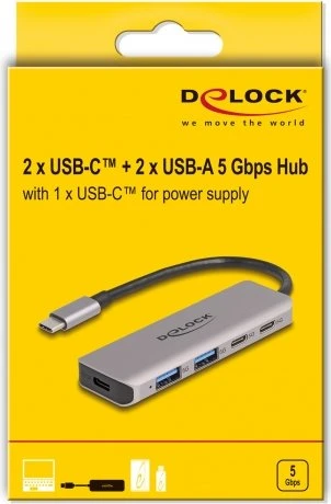 DeLOCK 4-Port USB-C-Hub mit PD, 2x USB-C 3.0, 2x USB-A 3.0, USB-C 3.0 [Stecker]