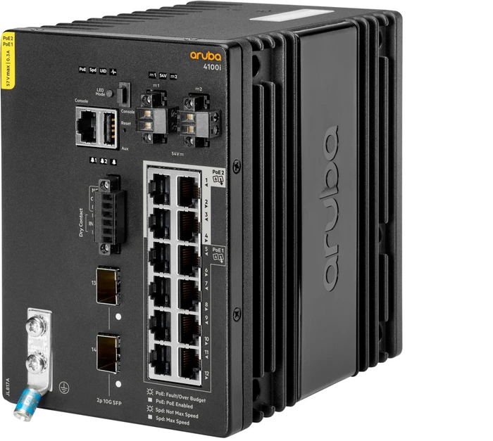 HPE Aruba CX 4100i Series Industrial Railmount Gigabit Managed Switch, 12x RJ-45, 2x SFP+, PoE++