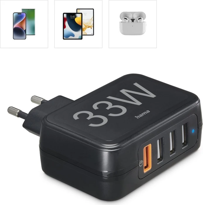 Hama Schnellladegerät 4 Ports Qualcomm 3.0 4x USB-A 33W schwarz