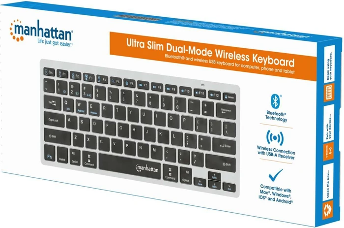 Manhattan Ultra Slim Dual-Mode Wireless Keyboard, schwarz/silber, USB/Bluetooth, DE