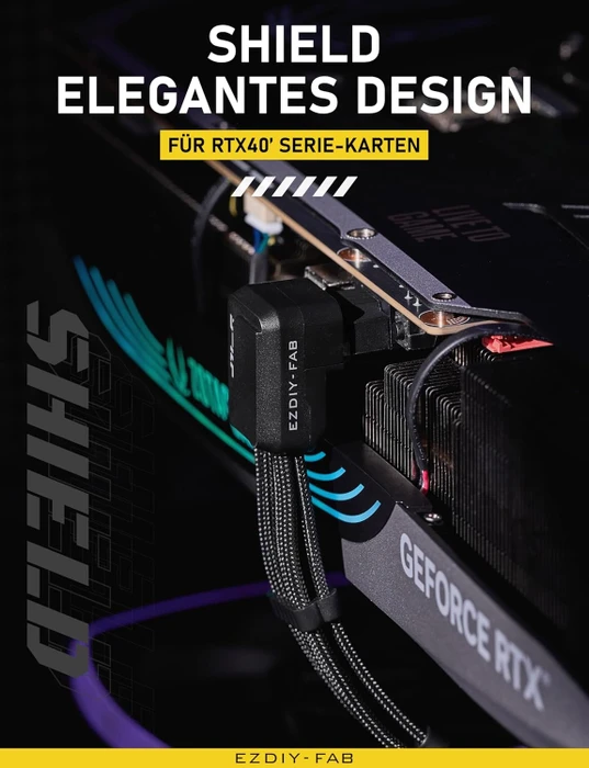 EZDIY-FAB 12V-2x6 Kabel, Shield, 16-Pin PCIe Verlängerungskabel, 1x 16-Pin PCIe 5.1 Buchse auf 16-Pin PCIe 5.1 Stecker, Variante Standard, Sense-Pins an der Unterseite, 16AWG, schwarz, 90° gewinkelt
