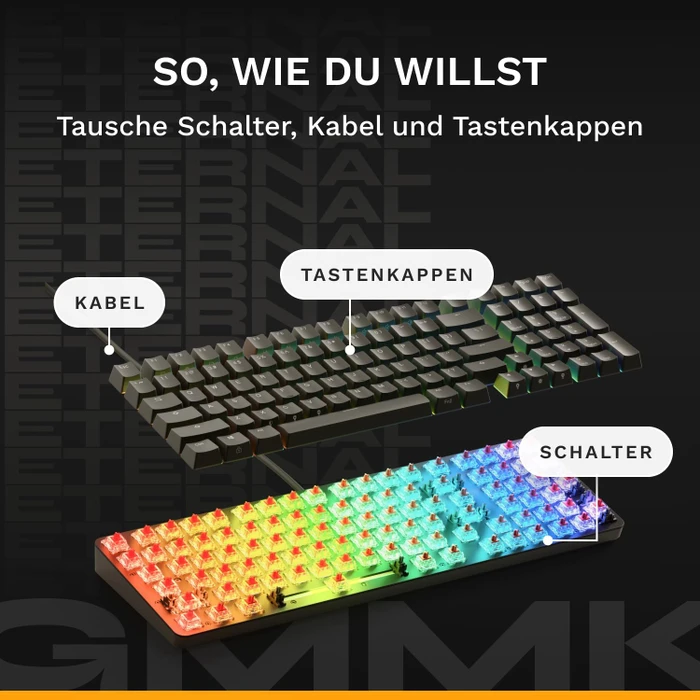 Glorious GMMK Eternal 96%, schwarz, LEDs RGB, Glorious Fox Linear, USB, US