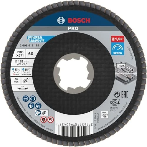 Bosch Professional X-LOCK X571 Best for Metal Fächerschleifscheibe gewinkelt K60, 115x22.23mm, 1 Stück