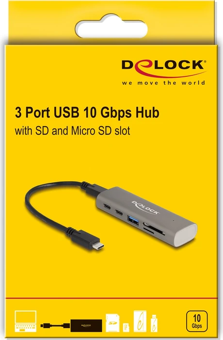 DeLOCK 3-Port USB-Hub mit Cardreader, USB-C 3.1 [Buchse]