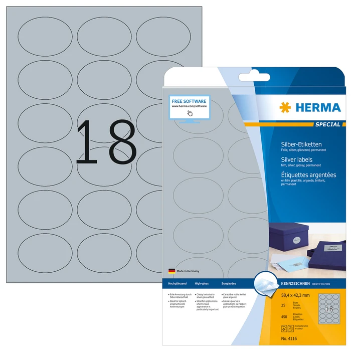 Herma Etiketten Special oval, 58.4x42.3mm, silber, glänzend, 25 Blatt (450 Etiketten)
