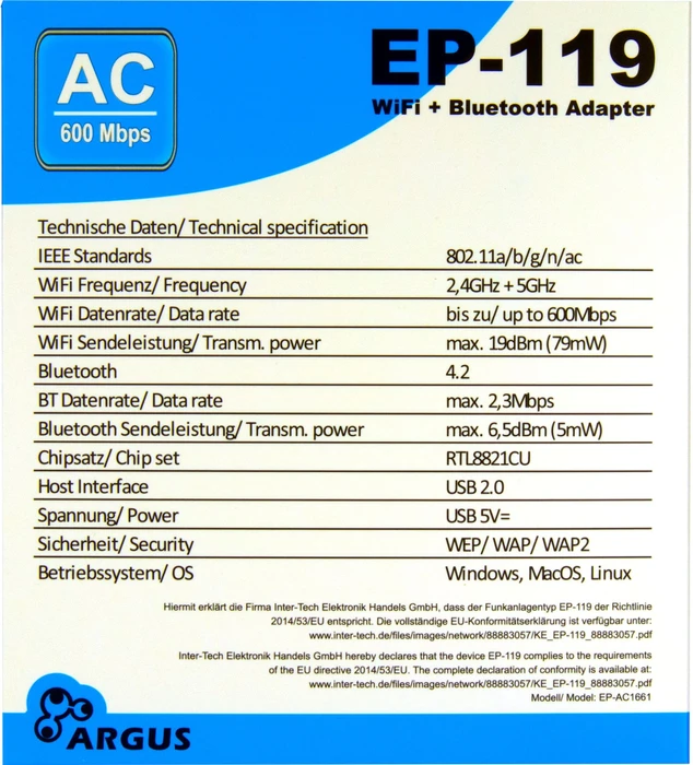Inter-Tech EP-119, 2.4GHz/5GHz WLAN, Bluetooth Adapter, USB-A 2.0 [Stecker]
