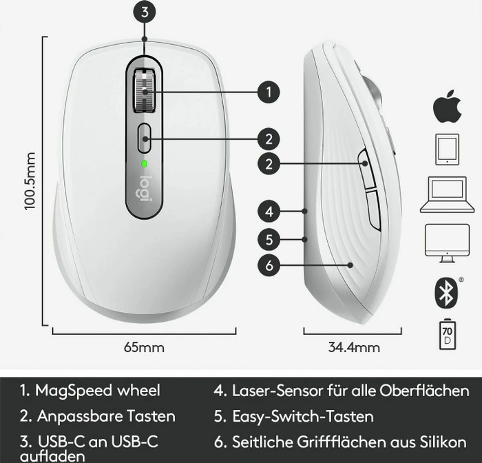 Logitech MX Anywhere 3 for Mac Pale Grey, weiß/grau, Bluetooth