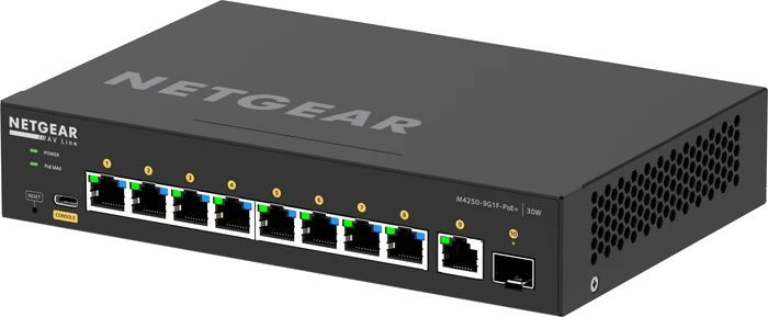Netgear AV Line M4250 Desktop Gigabit Managed Switch, 9x RJ-45, 1x SFP, 110W PoE+