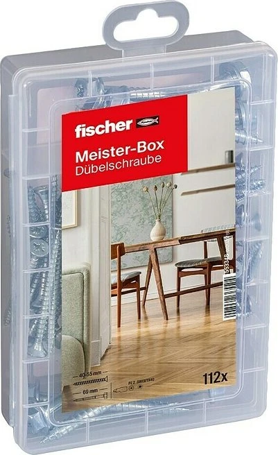 fischer Meister-Box Dübelschrauben Schrauben-Sortiment inkl. Werkzeugbox, 112 Stück