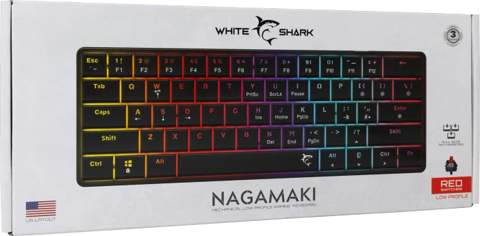 White Shark NAGAMAKI, schwarz, LEDs RGB, low-profile RED Switches, USB, US