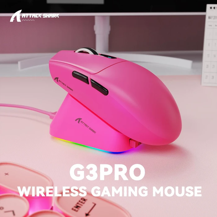 Attack Shark G3Pro Tri-mode Wireless Gaming Mouse mit Ladestation, Berry Red, USB/Bluetooth