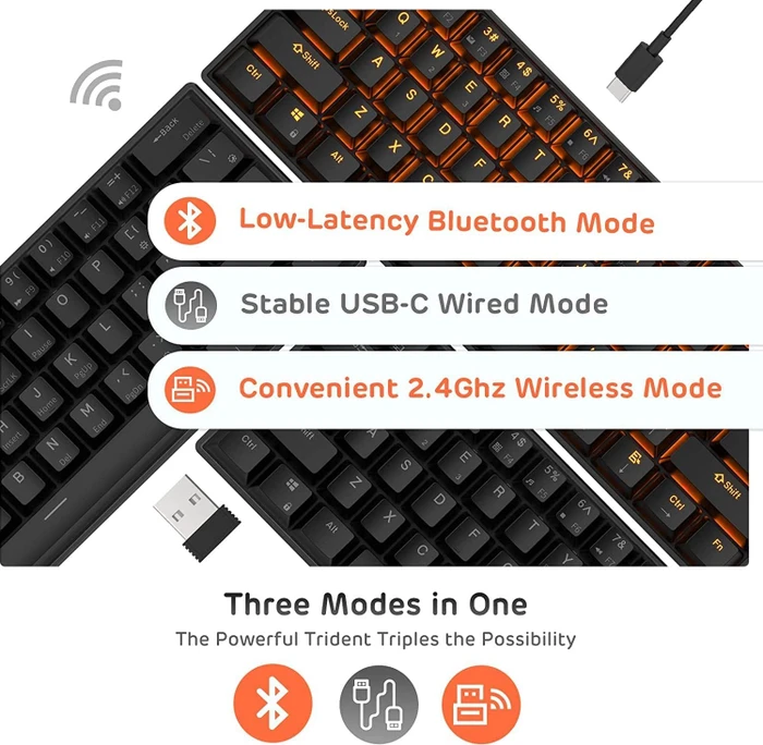 RK Royal Kludge RK61 60% Wireless, schwarz, LEDs gelb, hot-swap, RK RED, USB/Bluetooth, US