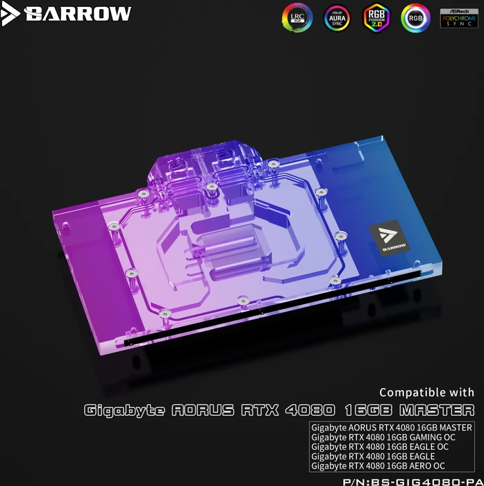 Barrow NVIDIA RTX 4080 LRC 2.0 Full Coverage GPU Water Block schwarz, GIGABYTE 4080 Aorus Aurora