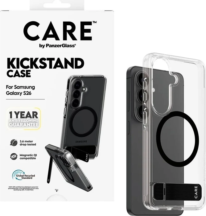 PanzerGlass Care Urban Explorer Case Transparent w. Black Kickstand & Qi für Samsung Galaxy S26