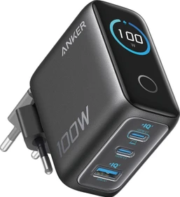 Anker Ladegerät (100W, 3 Ports, Smart Display) mit USB-C Kabel schwarz