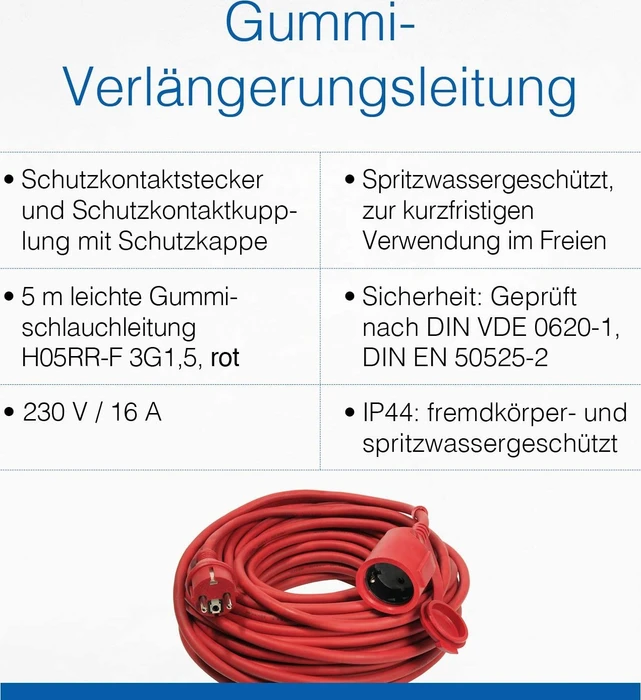 as-Schwabe leichtes Gummi Verlängerungskabel IP44 rot, H05RR-F 3G1.5, 5m