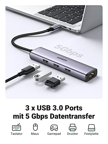Ugreen 4-in-1 USB-C Ethernet Adapter, USB-C 3.0 [Stecker]