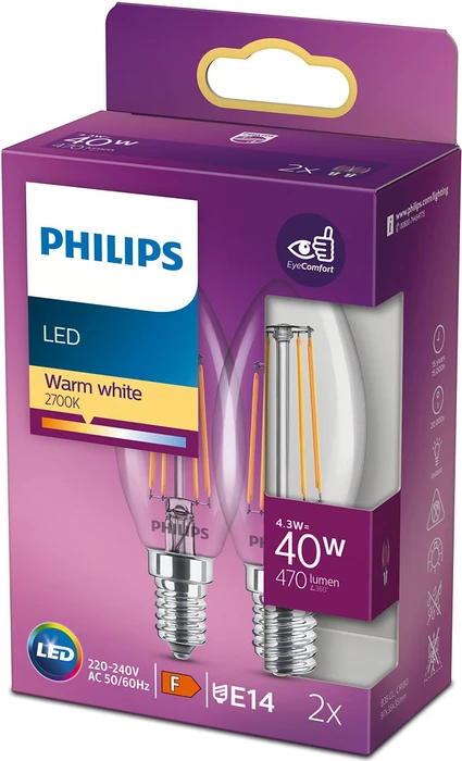 Philips Classic LEDcandle Kerze ND E14 4.3-40W/827 B35 CL, 2 Stück
