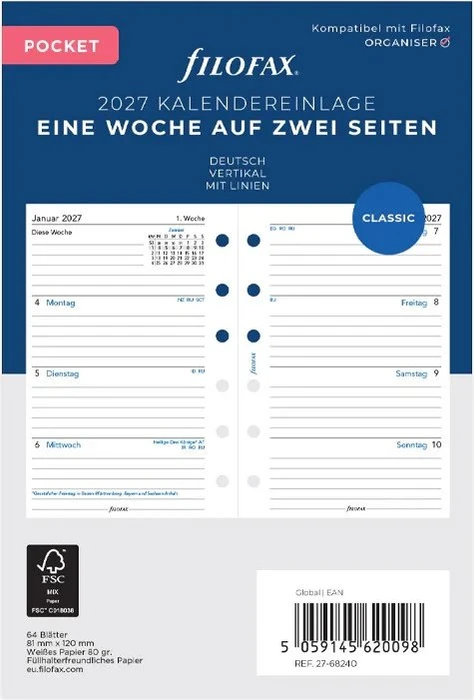 Filofax Kalender Ersatzeinlage 1 Woche/2 Seiten 2026, 120x81mm