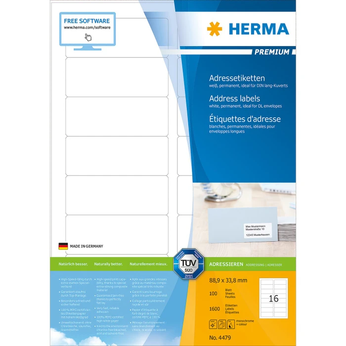 Herma Etiketten Premium, 88.9x33.8mm, weiß, matt, 100 Blatt (1600 Etiketten)