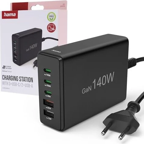 Hama USB-Ladestation 5 Ports GaN Schnellladegerät 3x USB-C 2x USB-A PD 140W schwarz