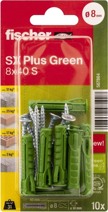 fischer SX Plus Green 8x40 S K (10) Schrauben/Dübel-Sortiment, 10 Stück